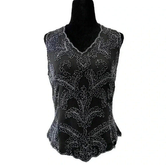 JMD New  York Black Beaded Sleeveless Halter Dressy Top V Neckline Medium - Picture 1 of 16